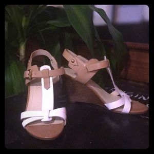 Marc Fisher White and Tan Wedges with Wooden Heel
